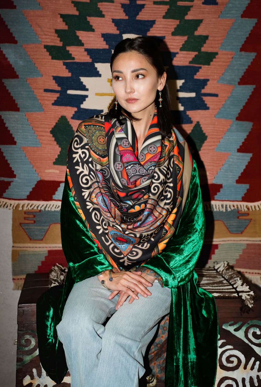 TURANAI silk scarves with Kyrgyz ornament, close up