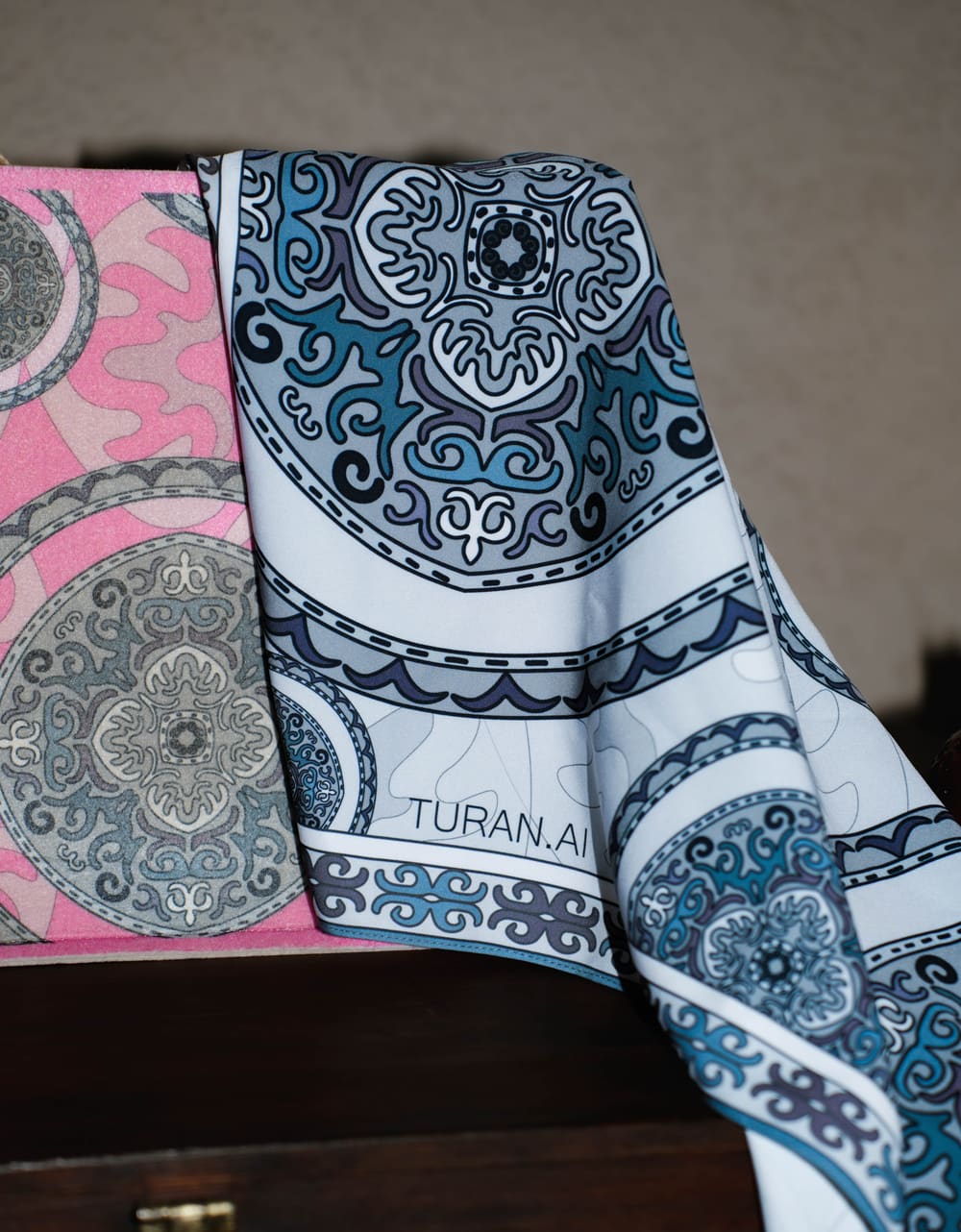 Two TURANAI silk scarves with Kyrgyz ornament — rose and blue-and-white