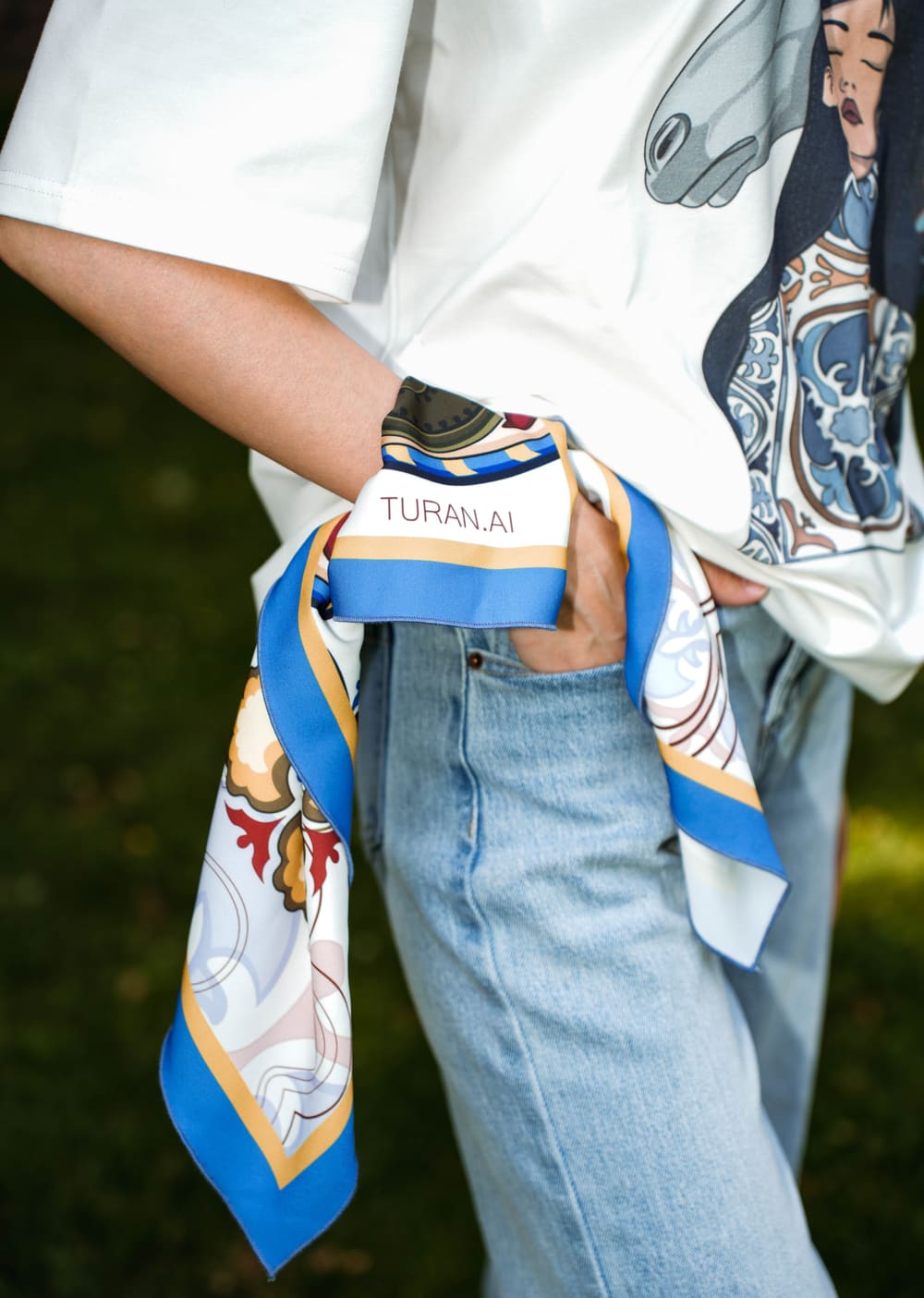 Narrow TURANAI silk twilly tied through a jeans belt loop — close-up detail